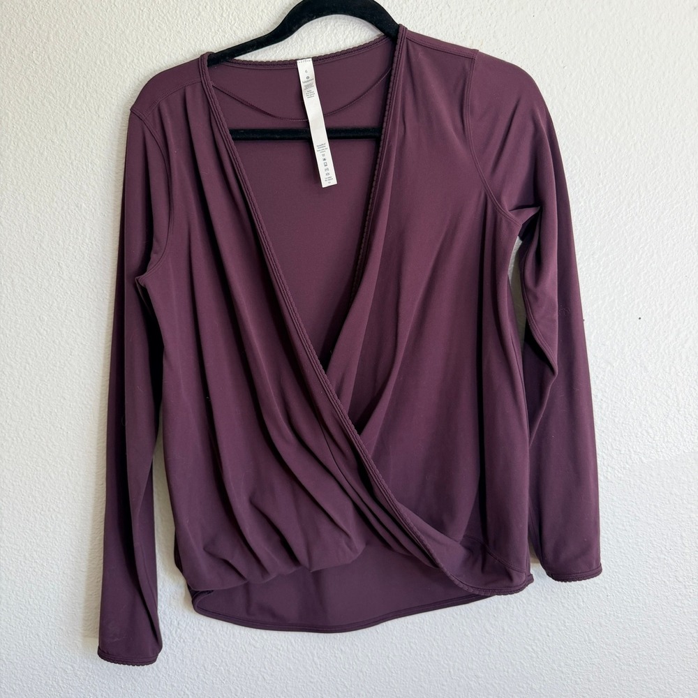 Lululemon Plum Surplice Wrap Front Long Sleeve Top Picot Trim Size 6